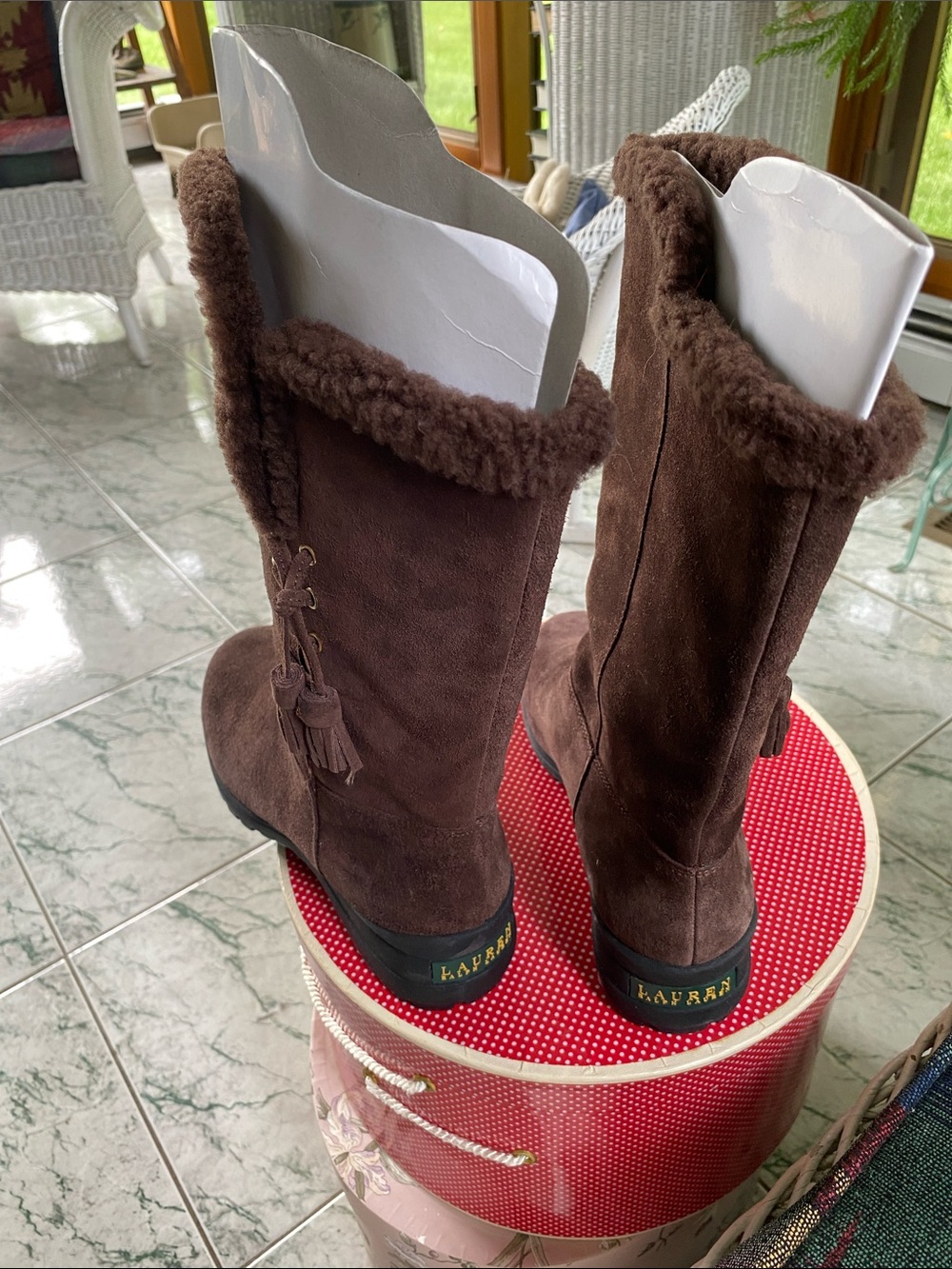 Lauren Ralph Lauren Dark Brown Suede Shearling-Trim Winter Boots Tadina model.